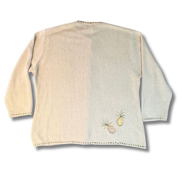 Silk Cotton Blend Cardigan Sweater Womens Large Ivory Pineapple Embroidery - Picture 8 of 13